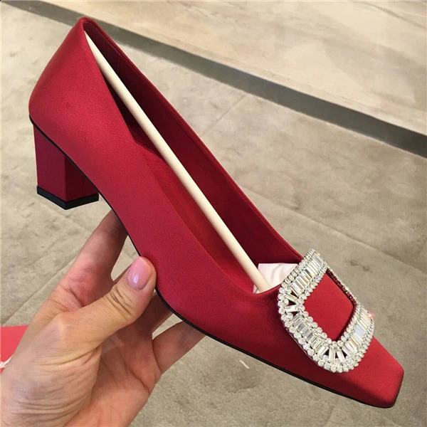 Diamond square buckle thick follow-up shoes square toe satin shallow cut shoes high heel womens wedding shoes 240919