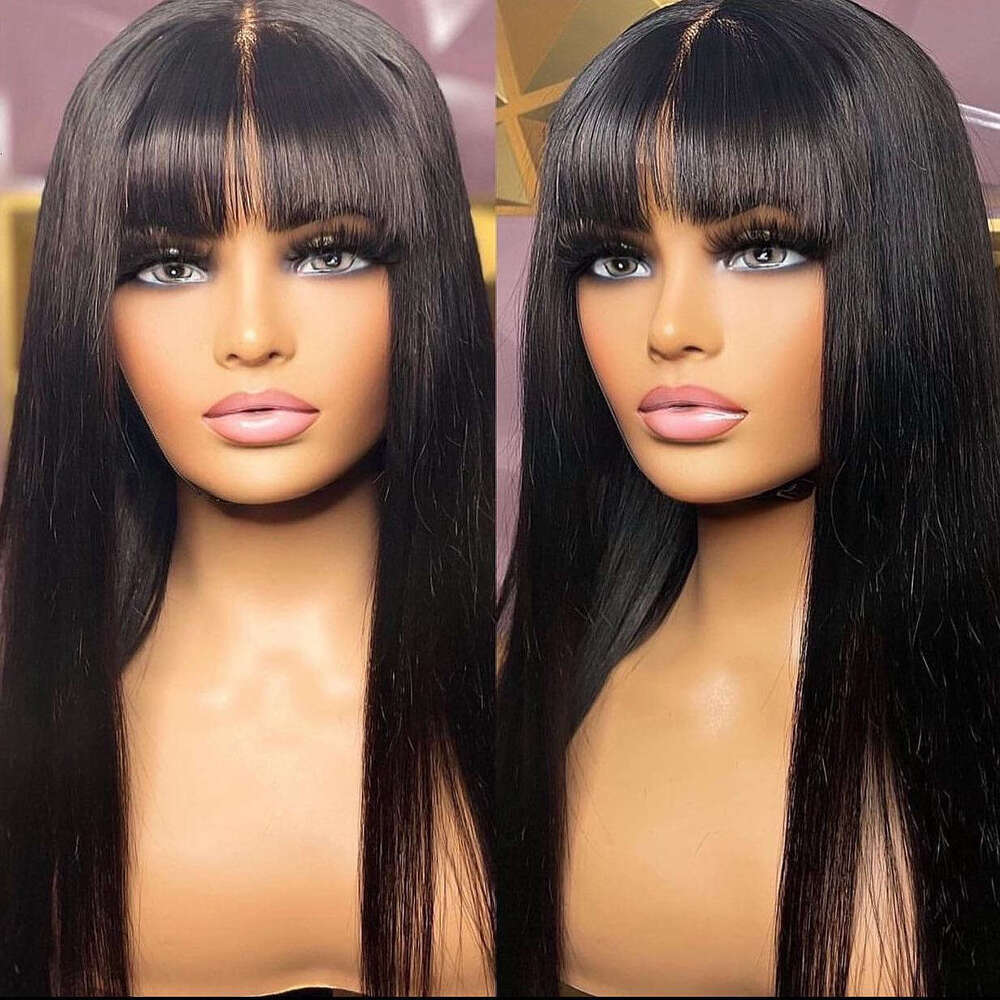 Fake 100% Human Hair Wig With Bangs For Women Cheap Brazilian Realistic Scalp Straight Lace Front Bob Fringe Wigs 30Inch