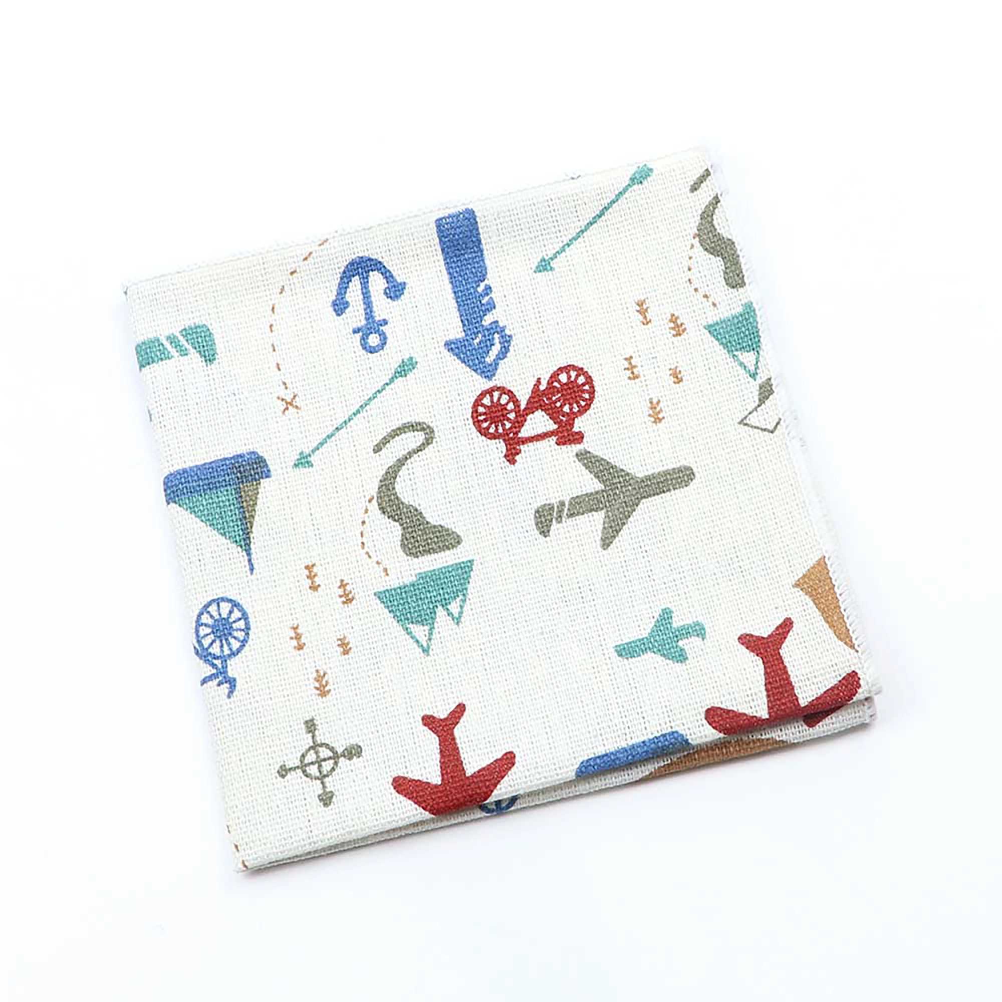 Japanese Style Linen Handkerchief Scarves Vintage Waves Cartoon Animal Flower Pattern Hankies For Men Casual Party Wedding GiftX240921