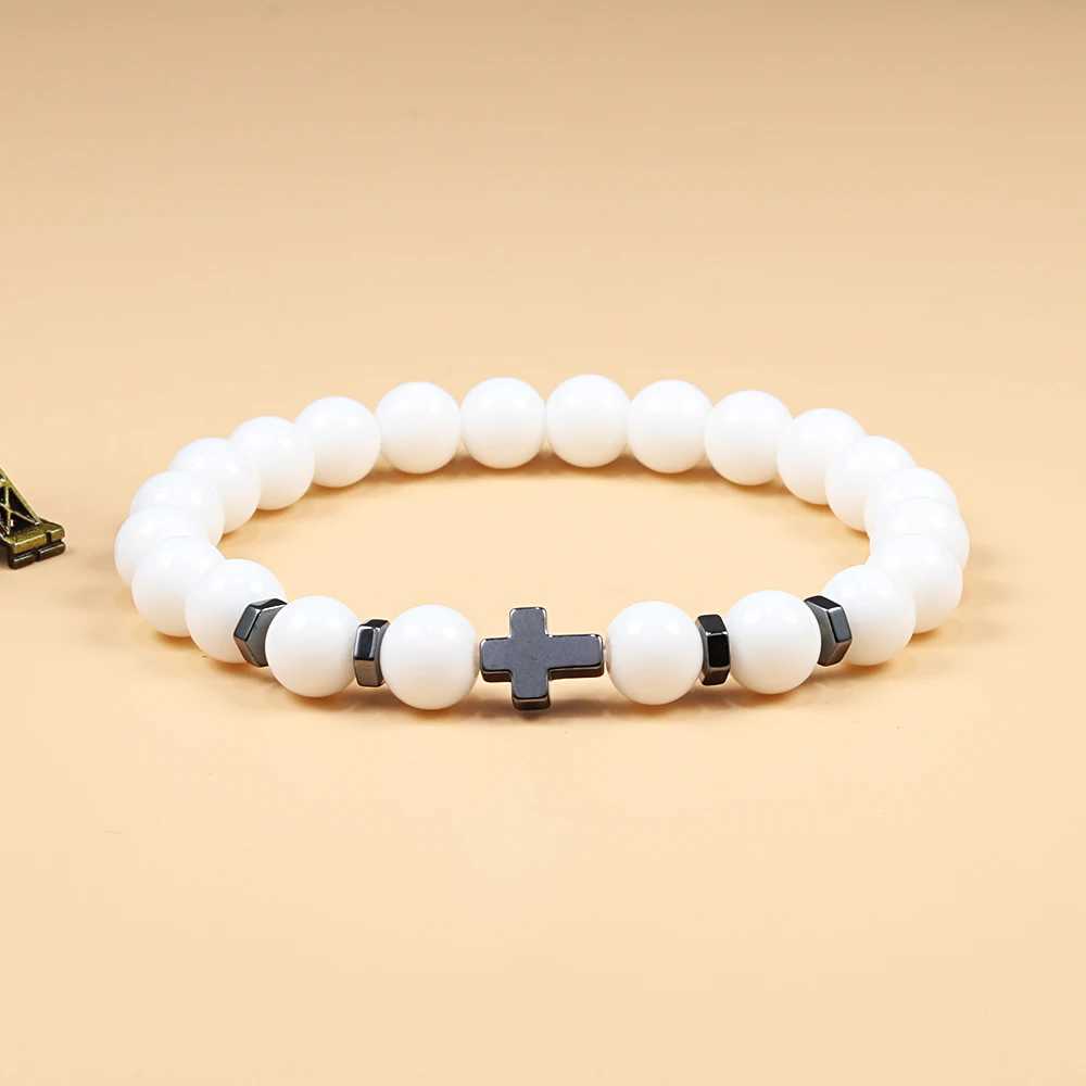 Dropshipping Hot Men Natural Lava Stone Bead Bracelets Hematite Cross Rosary Meditation Prayer Jesus Bracelet Women Yoga JewelryX240921