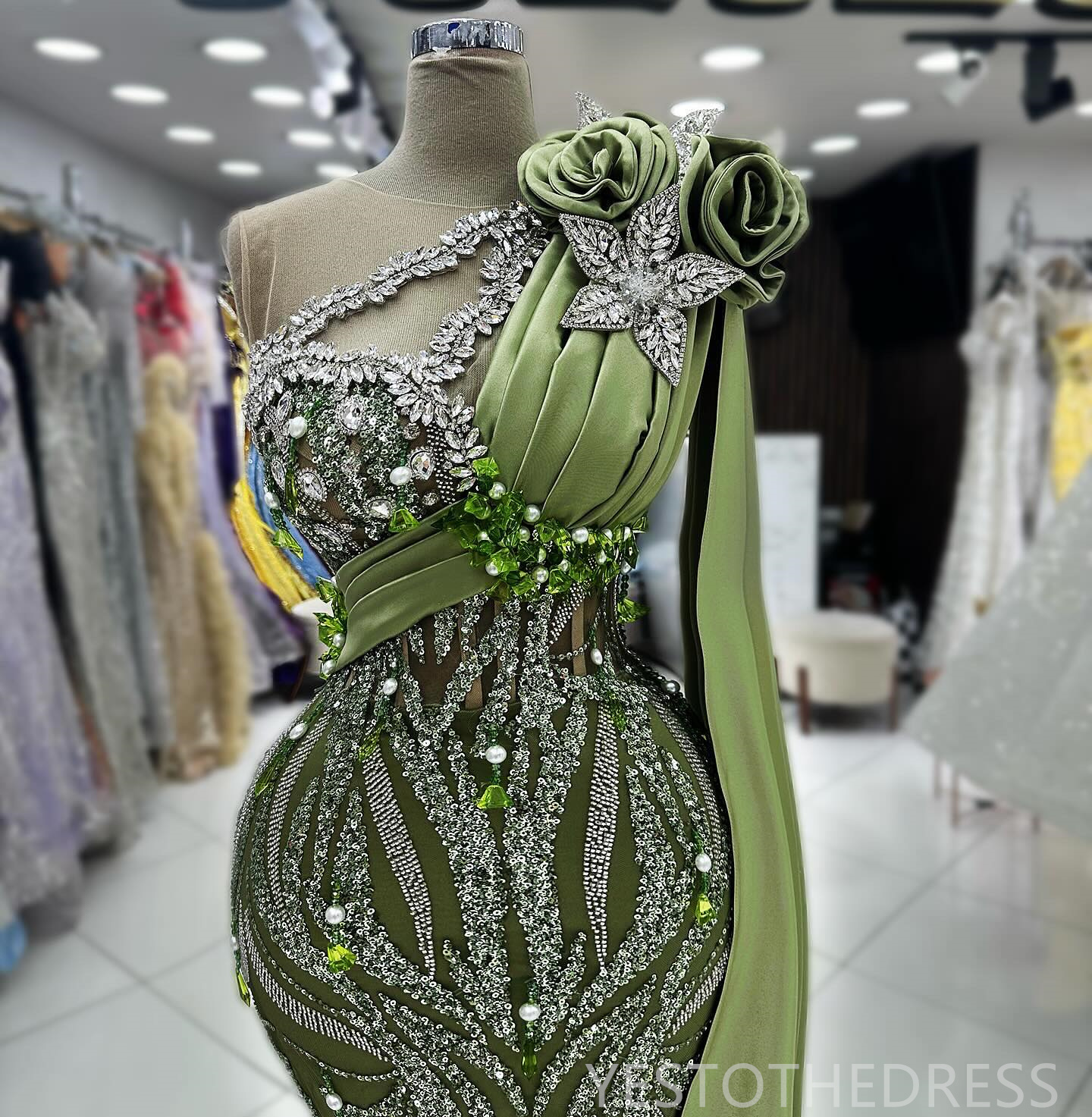 R&W 2024 Plus Size Green Prom Mermaid Promdress Evening Formal One Shoulder ra Beaded Lace Birthday Dress Second Reception Gowns Vestido De Sorrie AM1