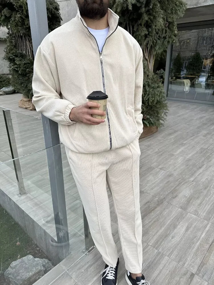 Casual Mens Two Piece Sets Streetwear Fashion Solid Color Slim Zipper Lapel Jacket And Pants Two Piece Suits Men Stylish Outfits 240918