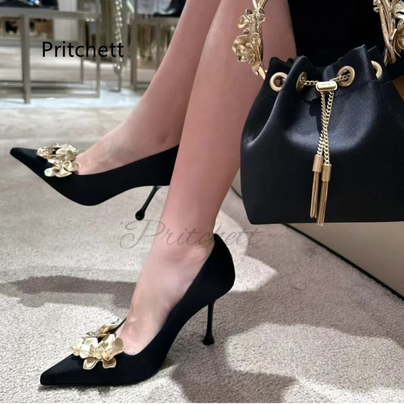 Black satin high-heeled womens pump gold orchid horn toe flower shallow single shoe sexy slim high-heeled spring office shoes 240919