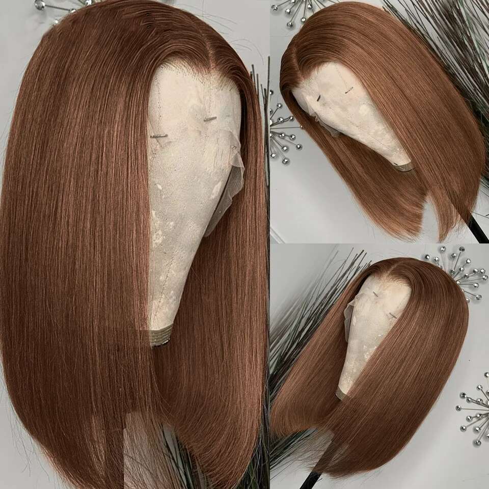 Chocolate Brown 13x4 Frontal Human Hair Wigs Bury Highlight 99J Straight Lace Front Short Bob Wig