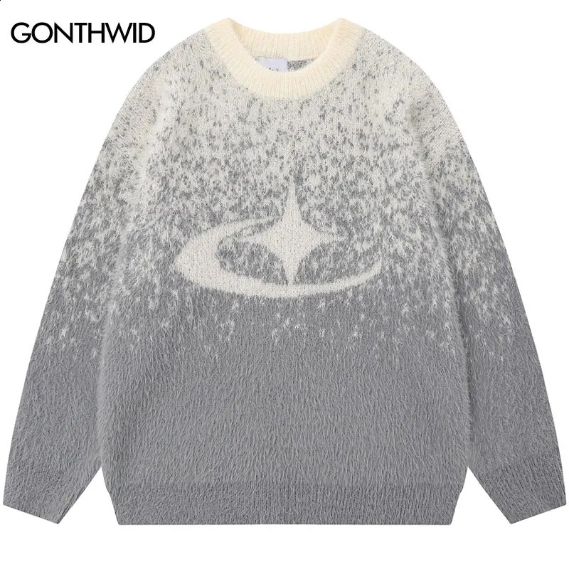 Harajuku Mohair Sweater Y2K Knitted Star Fuzzy Fluffy Gradient Pullover Jumper Streetwear Men Hip Hop Loose Cozy Sweaters 240912