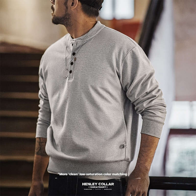 Madden Workwear American Casual Henry Collar Woolen Hoodie Gray Style Cleanfit Long Sleeved Bottom Shirt Men's Spring