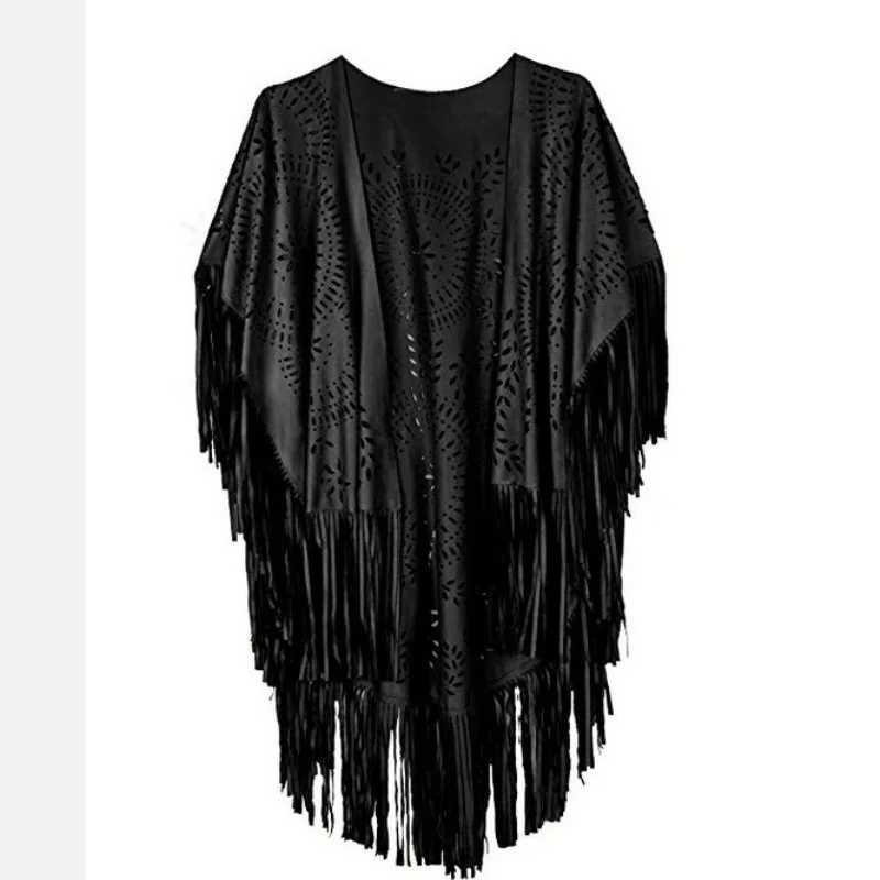 New Bohemian cardigan wool sweater camel suede flower hollow edge tassel shawl womens retro shawl raincoat autumn Bohemian shawl W240921