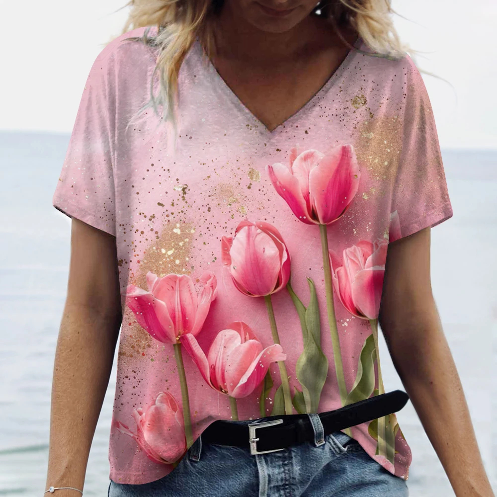 2024 new designer fashionable tulip 3D printed summer casual V-neck shirt retro women's plus size top free shipping