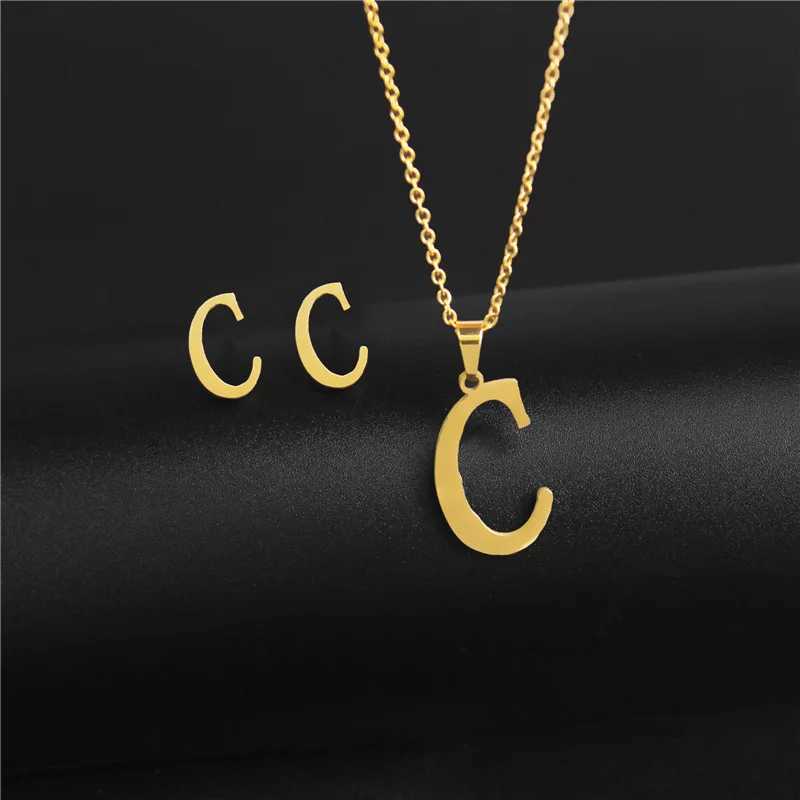 A-Z 26 Charm Original Necklace and Stud Earrings Jewelry Set Letter Hanging Chain Mom Gift Direct Shipping W240918