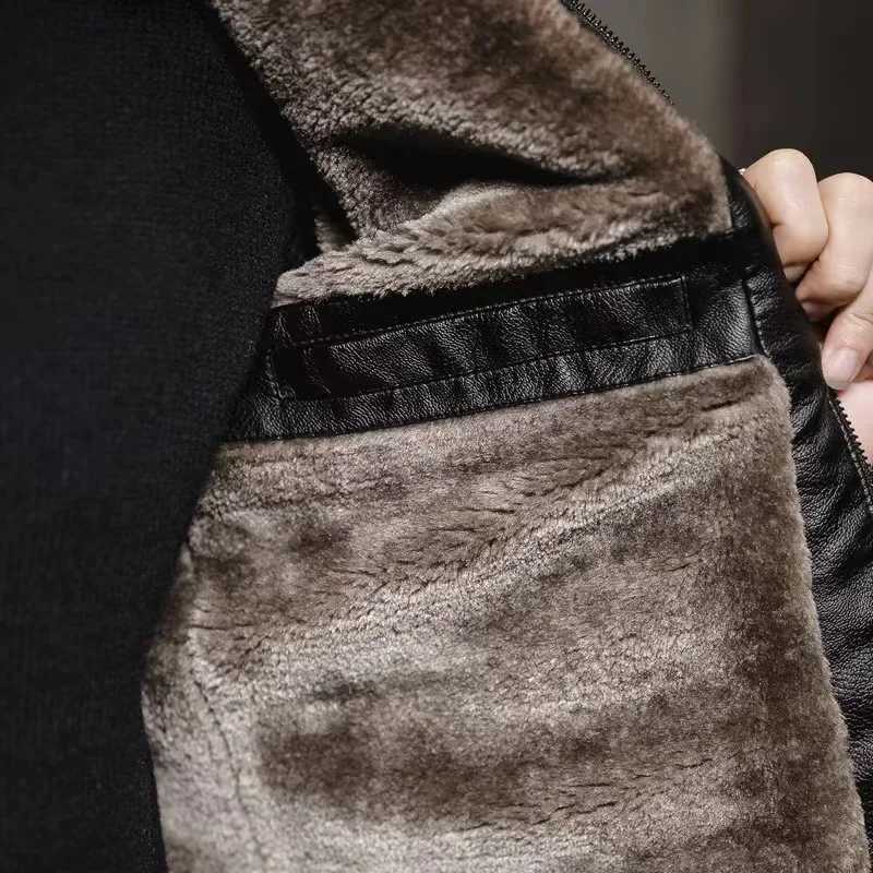 Winter faux fur collar windproof warm jacket mens luxury clothing retro brown leather jacket mens brand leather jacket mens W240918