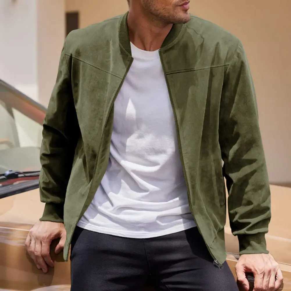 Men Suede Jacket Stand Collar Long Sleeve Zipper Placket Coat with Side Pockets Solid Color Loose Fit Ribbed Cuffs Hem Outwear M240921