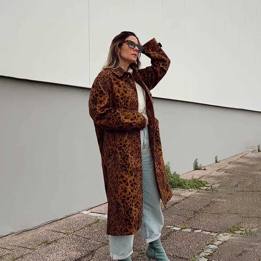 PRINTKAOIR 2024 Autumn Leopard Print Women Oversize Trench Long Sleeve Mid Length Loose Jacket Female Coat Streetwear Y2KX240921