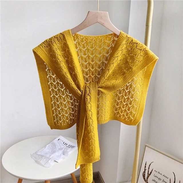 Fashion Korean Knot Knitted Shawl Womens Hollow Coat Shawl Spring Autumn Shoulder Net Red Shawl Blue W240921