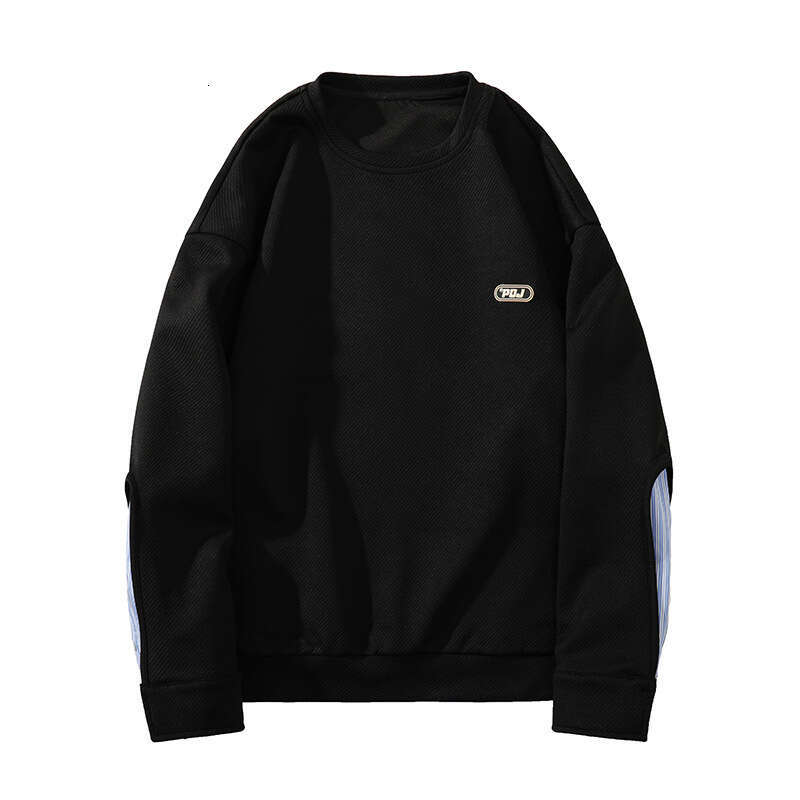 2024 Trendy Round Neck Label Hoodie Men's Spring Large Retro Striped Shirt Sleeve Splicing Top