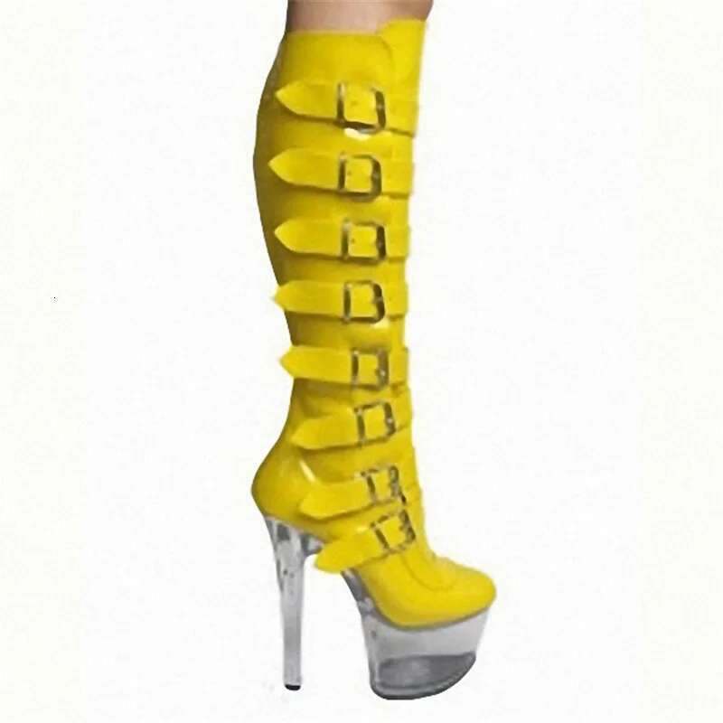 Belt Buckle 17Cm High-Heeled Large-Size Patent Leather Solid-Color Model Nightclub Women's Boots