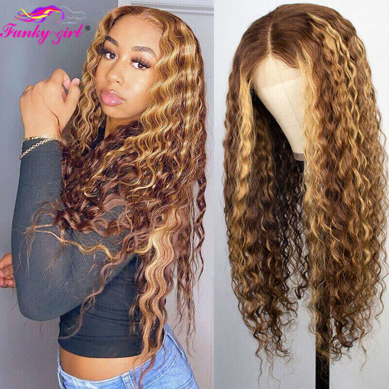 Water Wave Highlight Front Human Hair Wig Highlighted Curly Frontal Wigs For Women Brazilian Lace Closure Pre Plucked