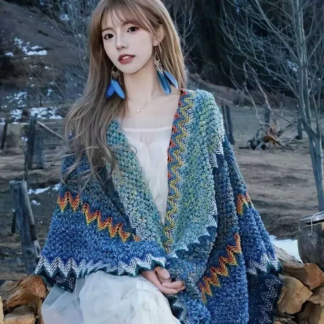 Bohemian plain tassel shawl vintage knitted warm cornered bag thick windproof cardigan used for outdoor travel W240921