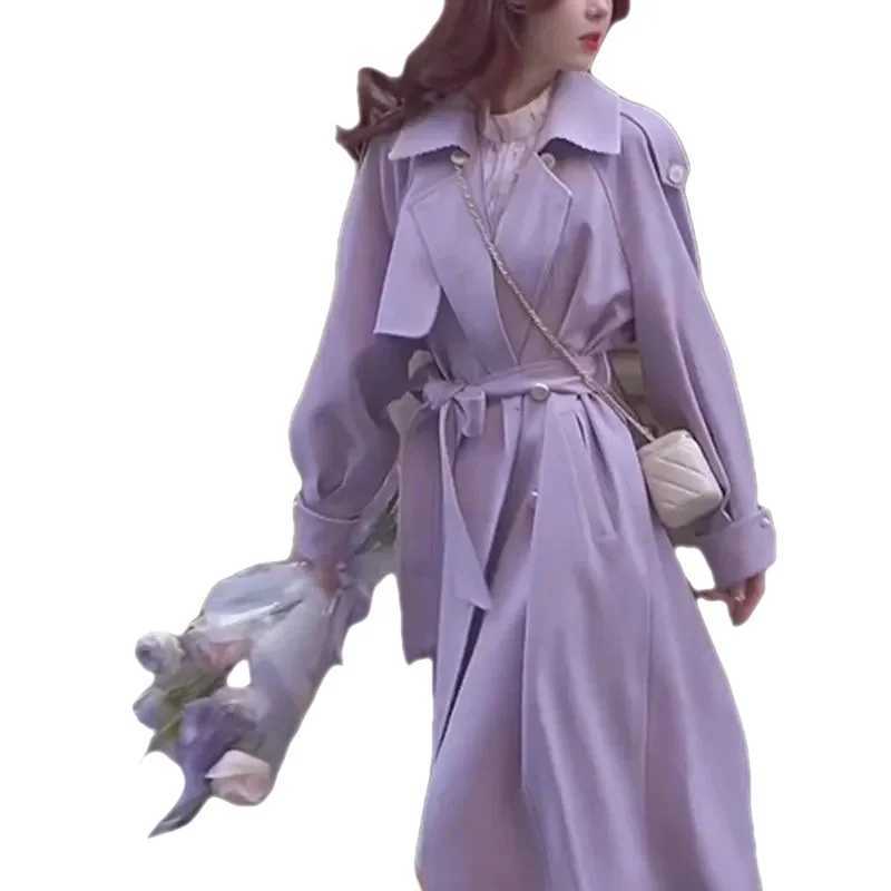 Womens purple Spring and Autumn Windbreaker Coat NEW Korean Versatile Trench Jacket Mid length Double breasted Outwear FemaleX240921