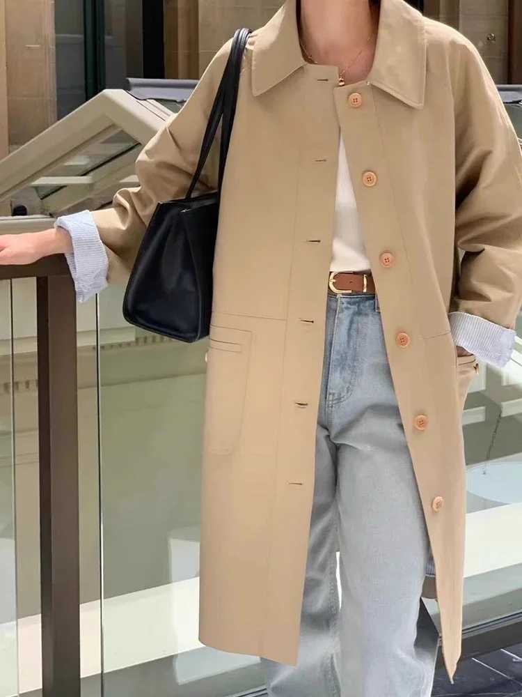 Gagarich Korean Chic Autumn Retro Simple Single Breasted Large Pocket Loose Casual Mid To Long Sleeved Trench Coat WomenX240921