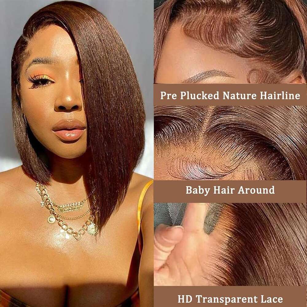 Chocolate Brown Human 13x4 Front Short Straight Bob Wigs Colored #4 4x4 Lace Closure Wig Pre Plucked Hair