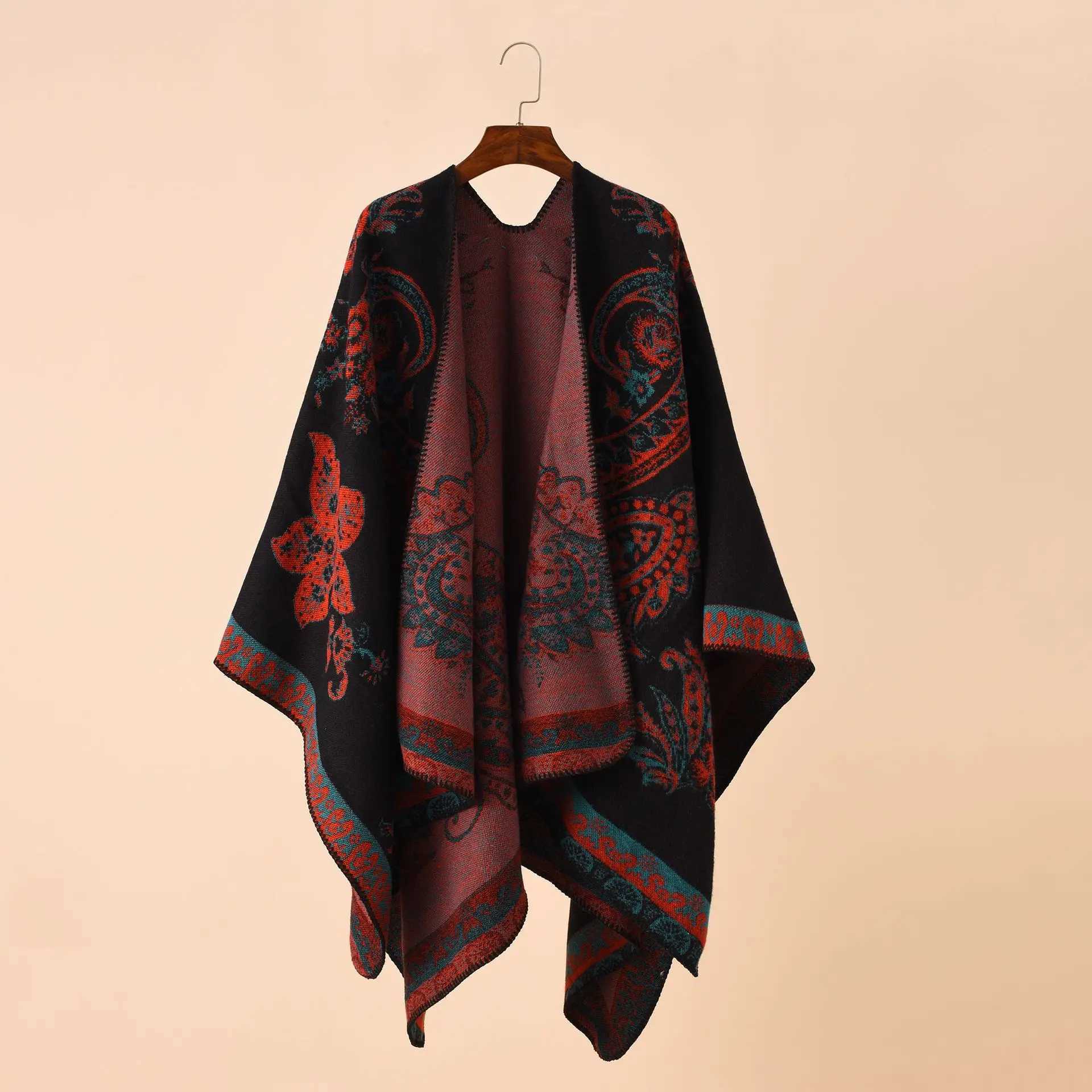 2022 Autumn and Winter New Street Geometric Grid Pattern Imitation Cashmere Warm Shawl Womens Raincoat Shawl Red W240921