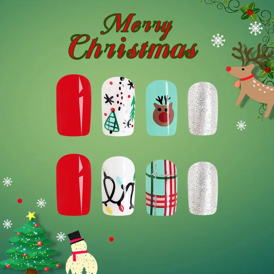 24Pcs Short Glossy Square Christmas Press-On Nails Red Green with Cute Reindeer Fake Nail Tips for Women Festival Wear 240914