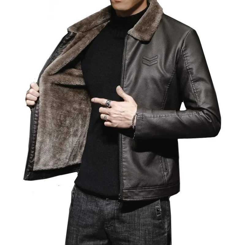 Winter faux fur collar windproof warm jacket mens luxury clothing retro brown leather jacket mens brand leather jacket mens W240918