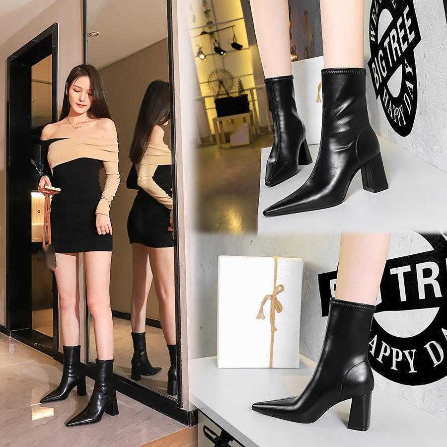 CMM Fashion Simple Sexy Nightclub Slim Thick Heel High Heel Pointed Winter Slim Boots Womens Short Boots