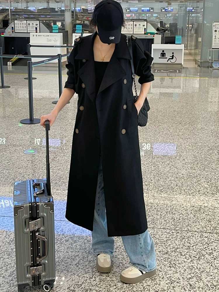 Fashion Autumn New Office Lady Womens Trench Lapel Double Breasted Loose Outwear Long Windbreaker Long Sleeve Women CoatX240921