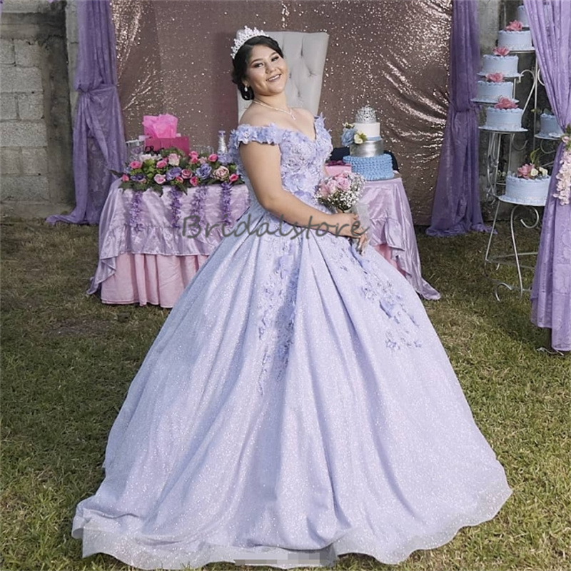 Glitter Lilac Quinceanera Dresses Plus Size 3D Florals Vestido De 15 Anos Quinceanera Off Shoulders Sparkly Robe De Soiree 2025 vestidos de fiestas el
