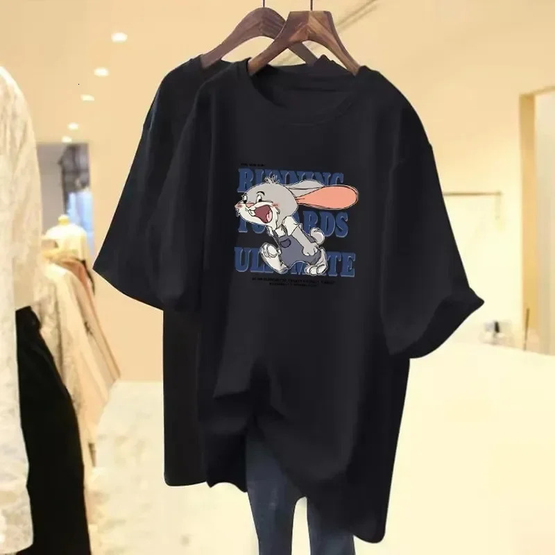 2024 New Rabbit Printed T-shirt Short Sleeve Summer Dress New Off Shoulder Medium Long Loose Plus Size Top Women's Free Delivery Free Shipping