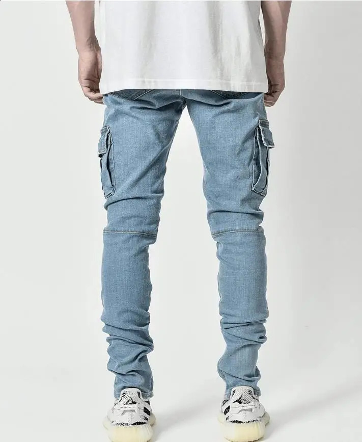 Men Jeans Pencil Pants Cargo Denim Solid Ankle Length Washing Pockets Mid Waist Sheath Slim Slight Strech High Street 2024 240921