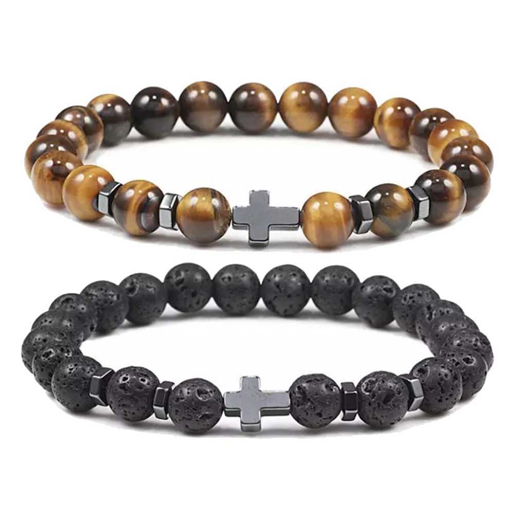 Kirykle 8mm Natural Volcanic Rock Tiger Stone White Pine Black Gallstone Cross Beaded Mens and Womens Bracelet Yoga JewelryX240921