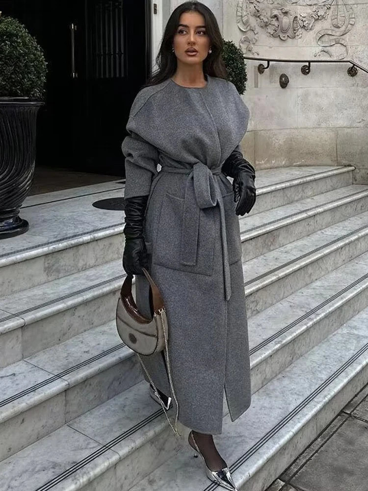 Grey Long Woolen Coats Women Fashion Elegant Wool Blend Jackets Female Winter Vintage Lace-Up Overcoat High Street Chic Coats 240918
