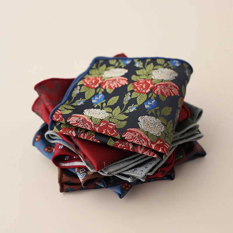 23cm New Design Mens Green Brown Pocket Square Floral Polyester Soft Handkerchief Wedding Party Tuxedo Accessories Cravat HankyX240921