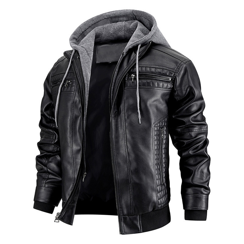 Leather Jacket Motorcycle Slim Fit Hooded PU Coat Top Autumn Winter Casual Windproof Men's Clothing Detachable Hat S-Xxxl