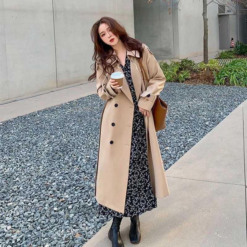 Streetwear Loose Trench Coat Midi Length Fashion Korean Elegant Khaki Black Womens Windbreaker Coat Casual Double Breasted TopsX240921