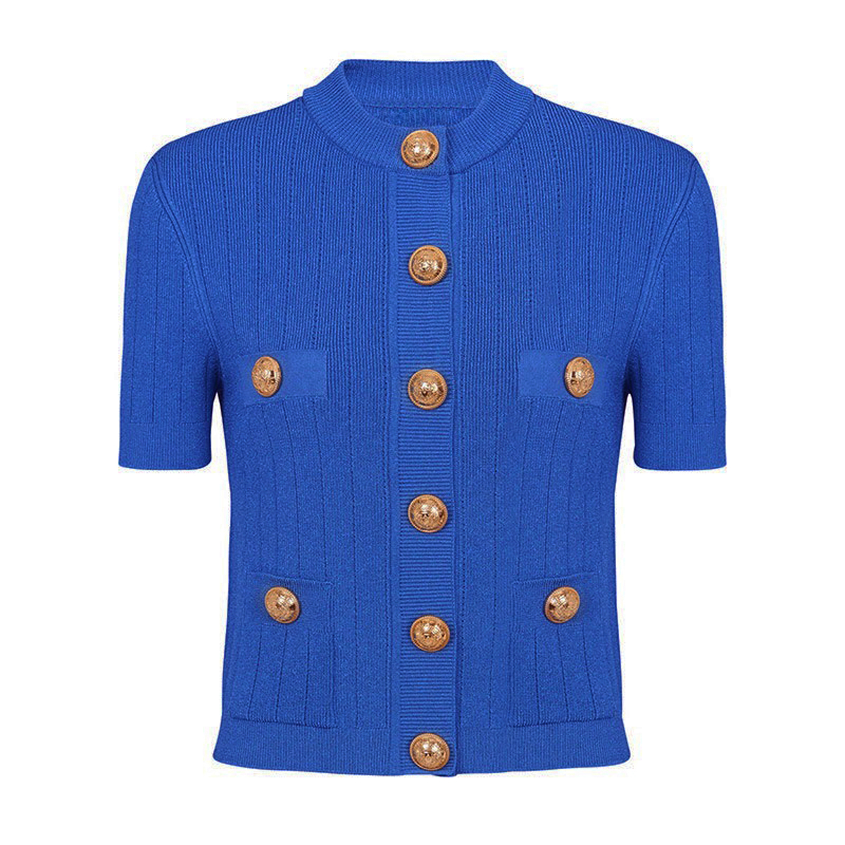 SML Three Colors High Quality Fashion Solid Elastic Knitted Fabric Pocket Button Decoration Short Sleeve Casual Women's Cardigan