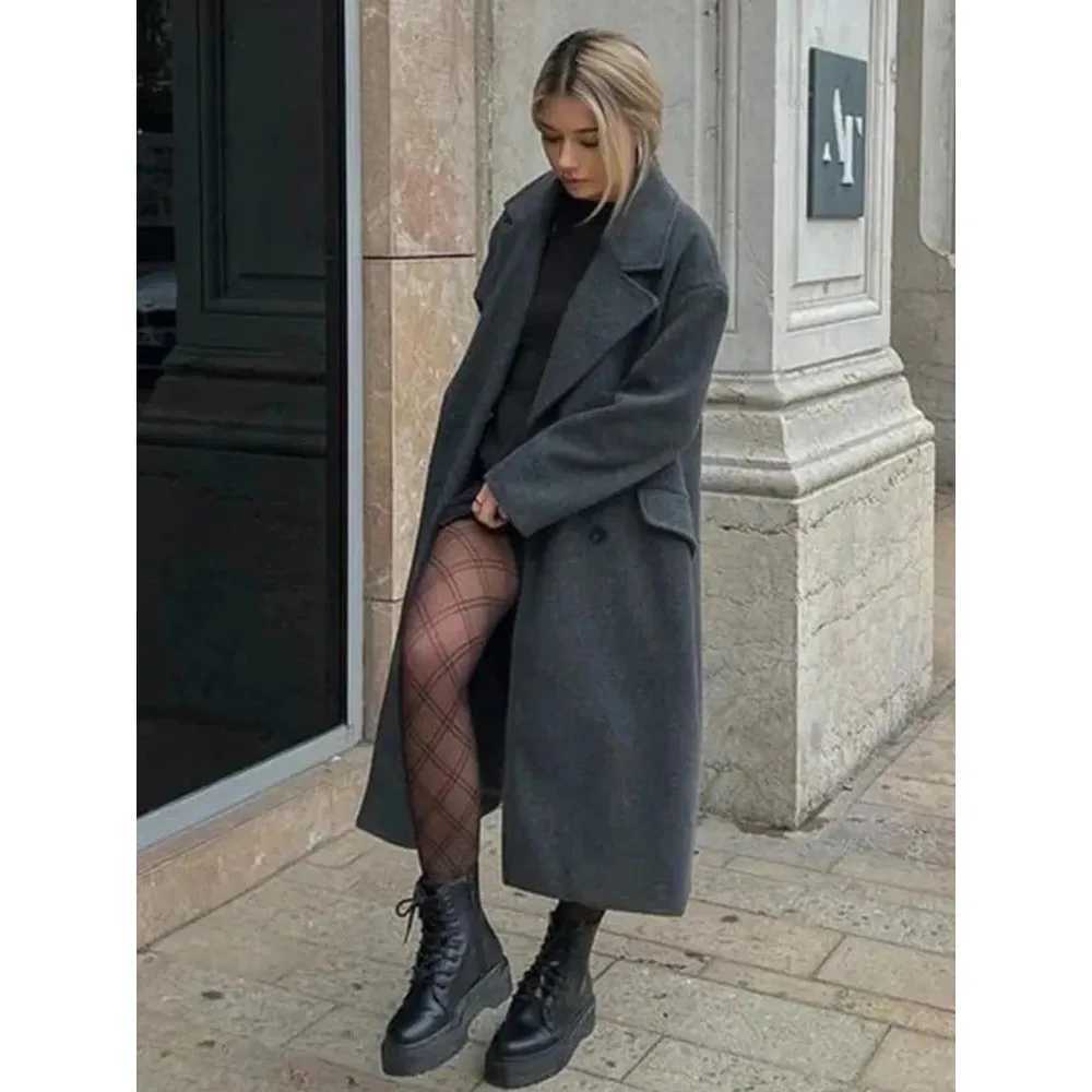 2024 Autumn and Winter New Womens Fashion and Casual Versatile Flip Collar Double Breasted Button Long Woolen Trench CoatX240921