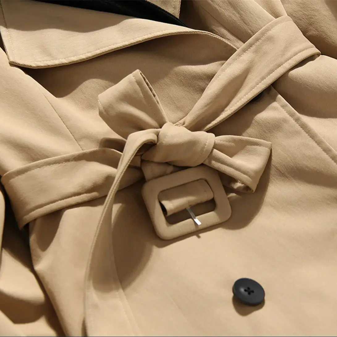 Patchwork Long Coat PU Neckline Womens Long Jacket Autumn Khaki Coats With Belt For Women New Fashion High Quality OutfitX240921