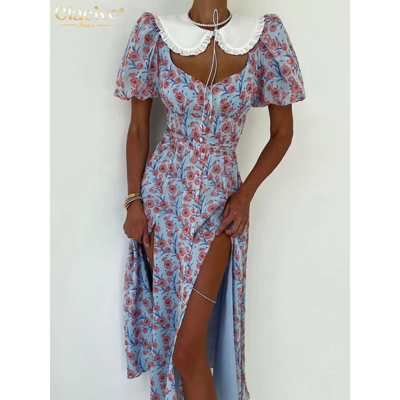 Clacive Summer Slim Print Midi Dress Lady Sexy Elegant Doll Collar Puff Sleeve Single Breasted Slit Party Dresses For Women 2023