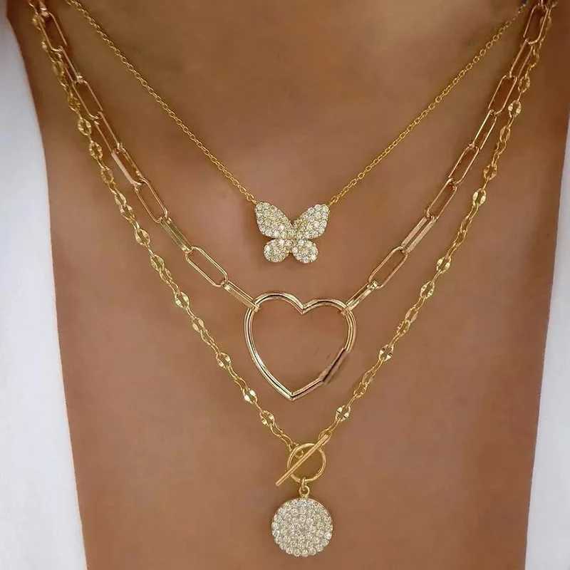 Bohemian multi-layered crystal butterfly pendant necklace womens hollow heart-shaped necklace fashionable jewelry party gift N0321 W240918