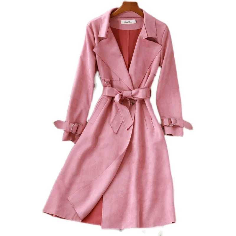 New Womens Belt windbreaker Coat Retro Korean Long Thin Chamois Suede Trench Jacket Top Female Autumn Double-Breasted OuterwearX240921