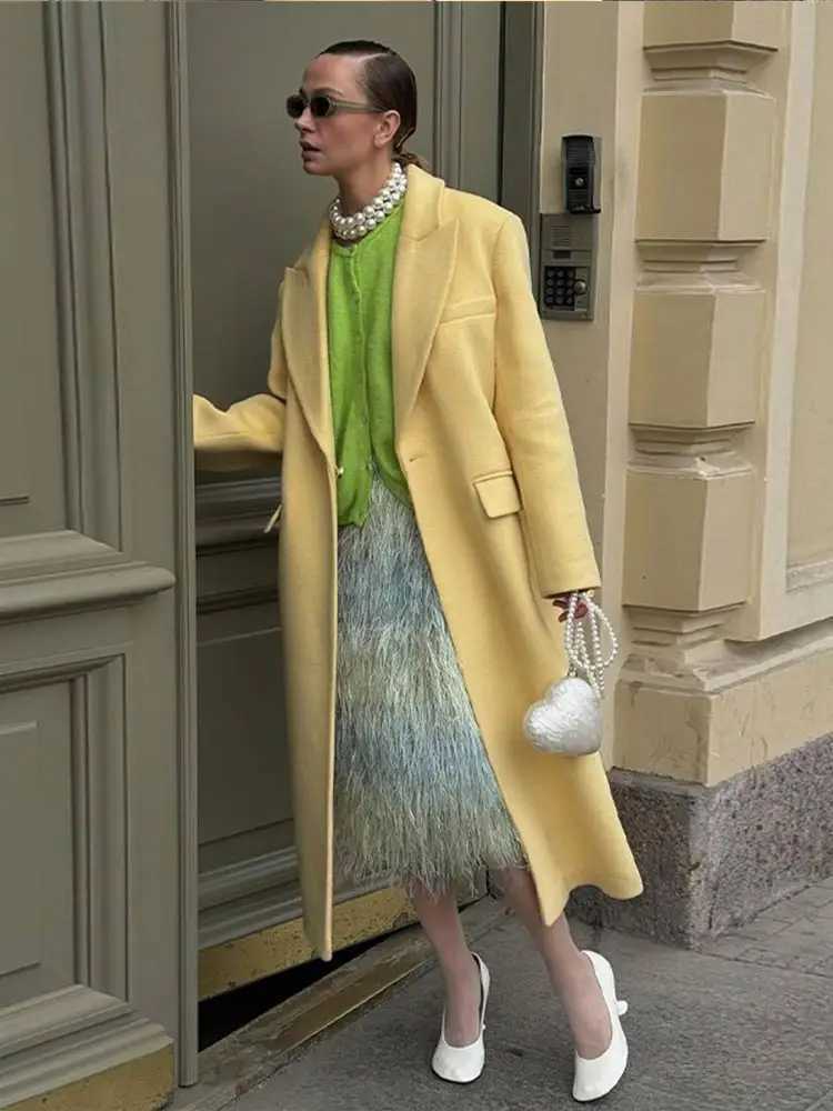 Yellow long sleeved single-layer thin coat womens casual lapel wool coat with bag 2024 autumn and winter new loose jacket W240921