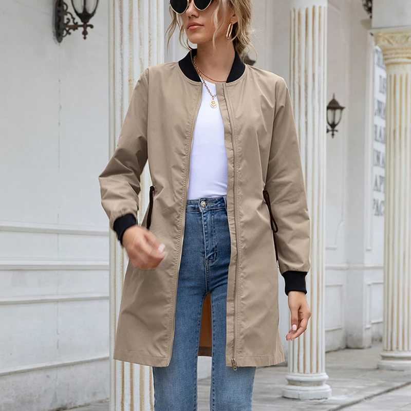Women Outdoor Dust Coat Streetwear Slant Pocket Drawstring Waterproof Mid-length Trench Autumn Long Sleeve Stand Collar CardiganX240921