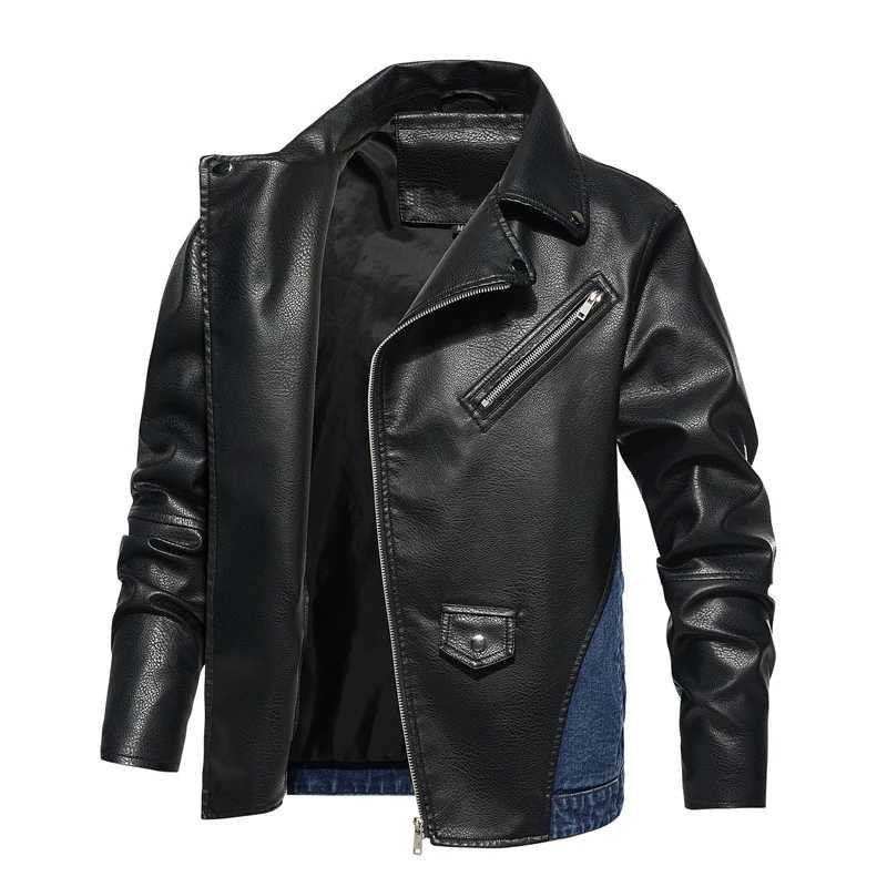 Mens leather jacket autumn and winter casual denim patch work top motorcycle armored jacket fashionable streetwear mens clothing S-3XL W240918
