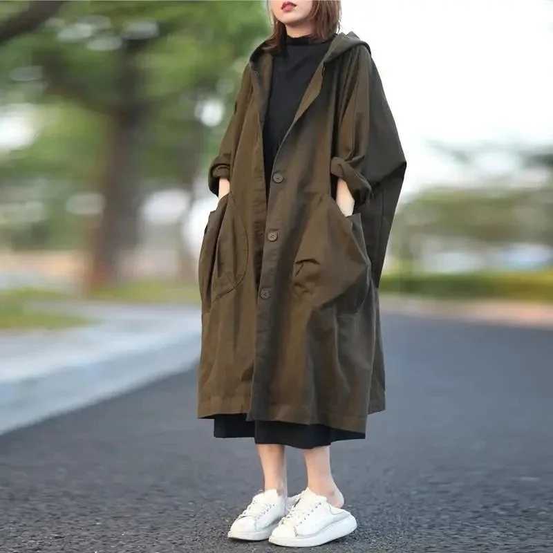 Womens Trench Coat 2023 Spring Autumn New Outerwear Hooded Pockets Loose Casual Women Clothing Vintage Windbreakers JacketsX240921