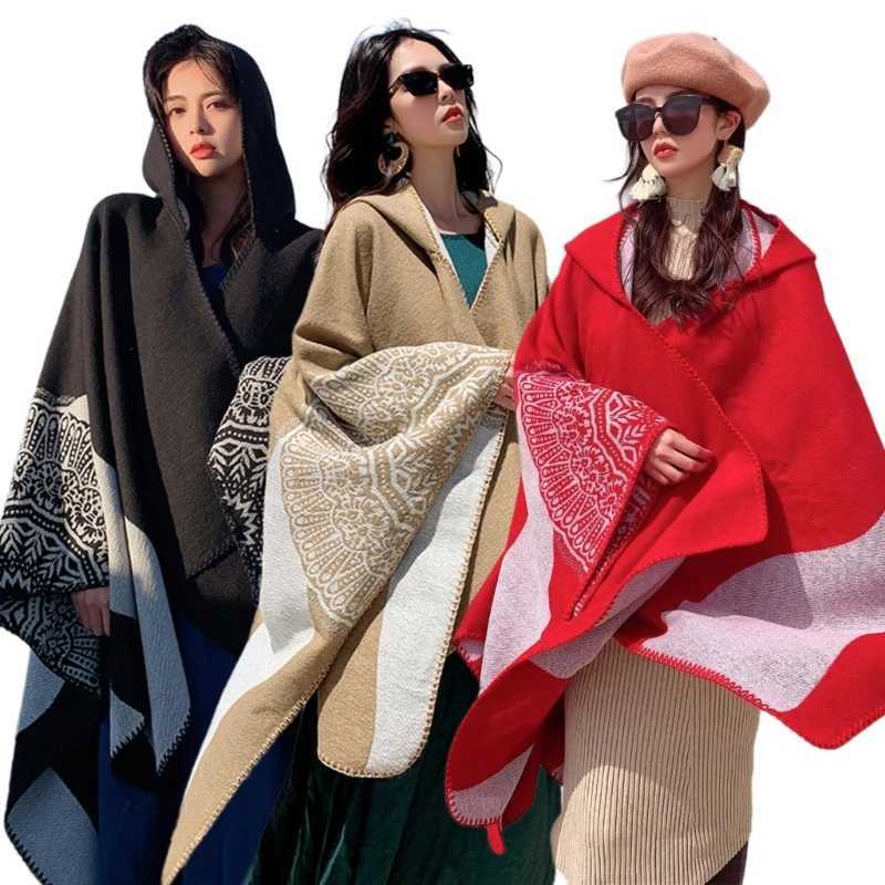 Winter Knitted Large Shawl Bohemian Geometric Printed Raincoat with Hoodie Suitable for Women W240921