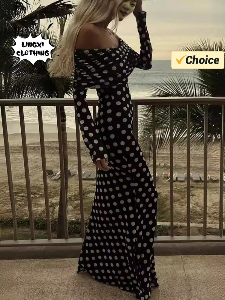 Summer Fashion Vacation Style Fashion Party Womens Long Elegant Single Shoulder Wave Point Slimming Sexy Long Dress 240921