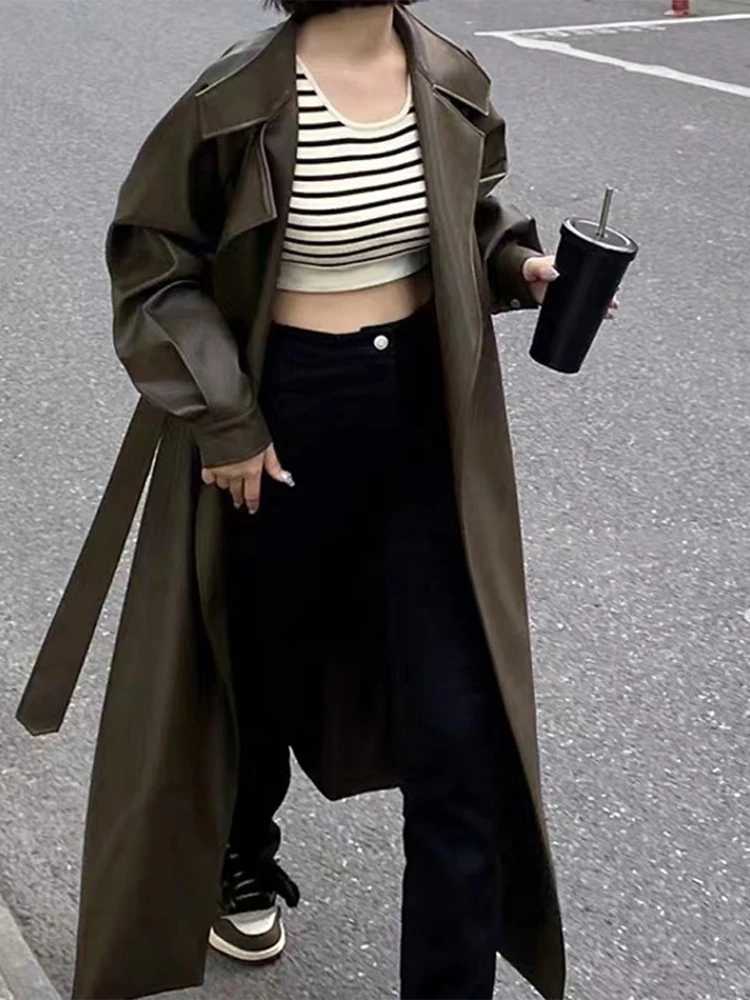 Long Oversized Leather Trench Coat for Women Long Sleeve Lapel Loose Lady Jacket With Belt 2024 Autumn New Vintage StreetwearX240921